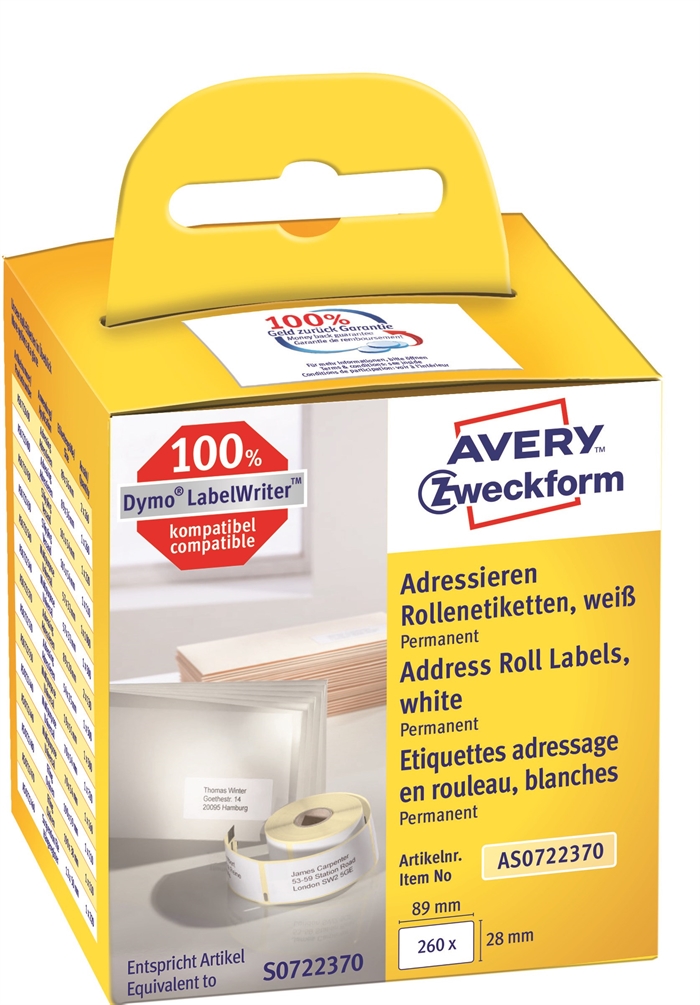 Avery adresseetikett på rull 89 x 28 mm, 2 x 130 stk.